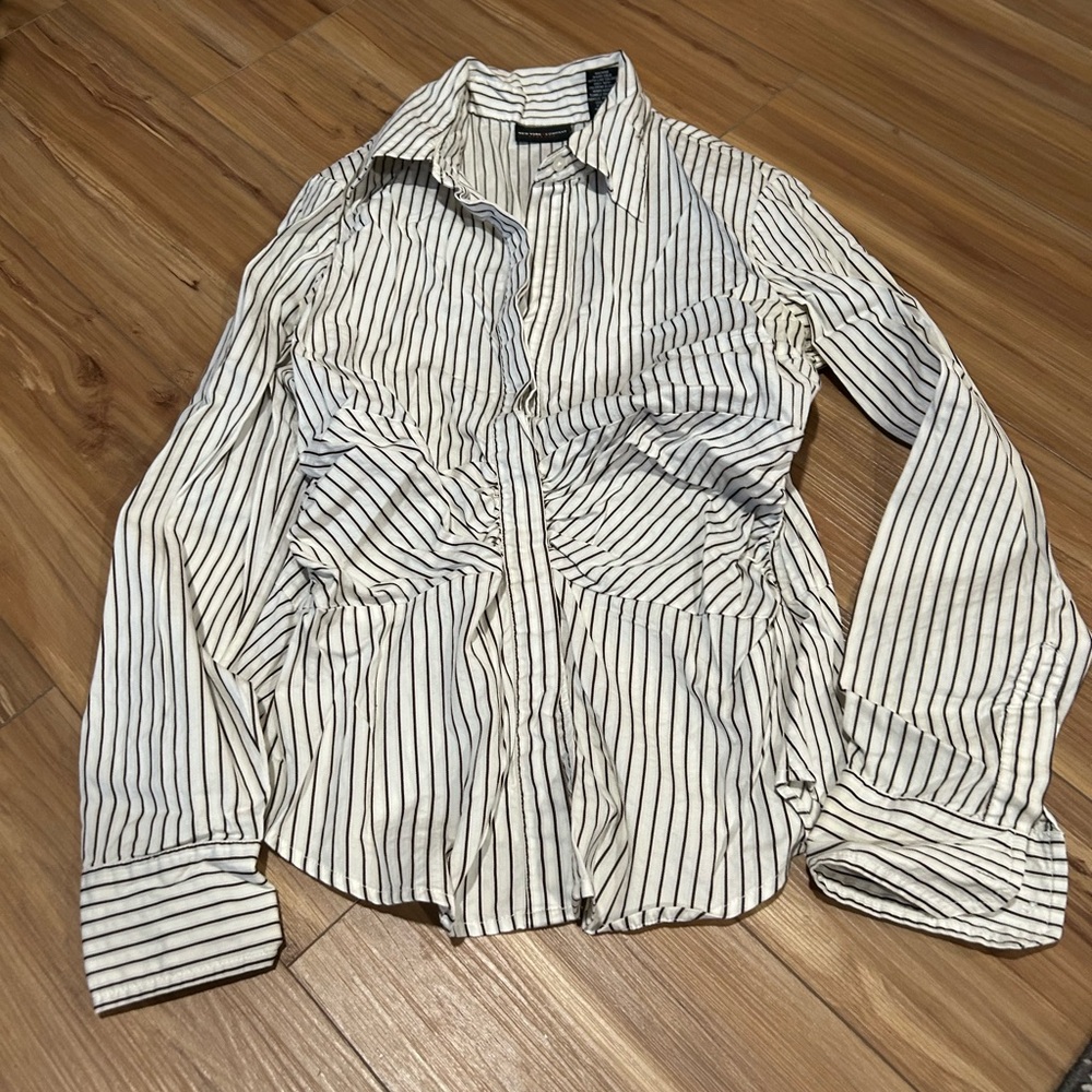 New York & Co. Classic White Striped Ruched Button Down Shirt Size 10